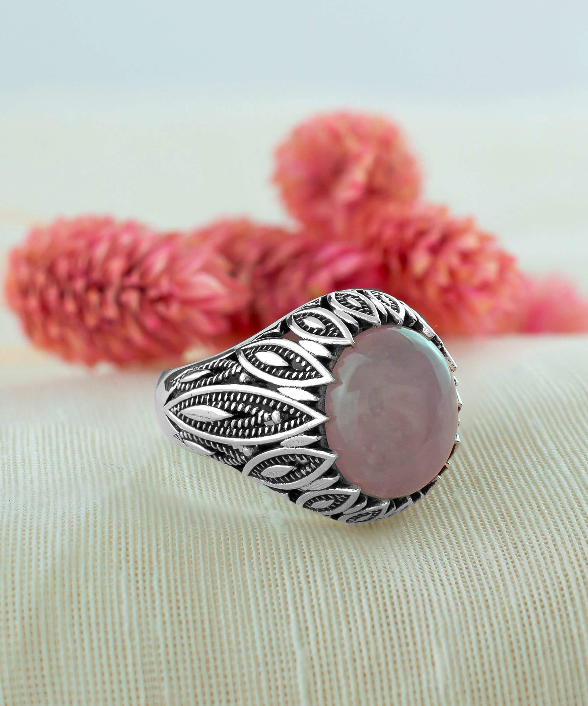 Elegant Filigree Art Rose Quartz Gemstone Women Silver Statement Ring featuring intricate leaf designs and a stunning pink gemstone.