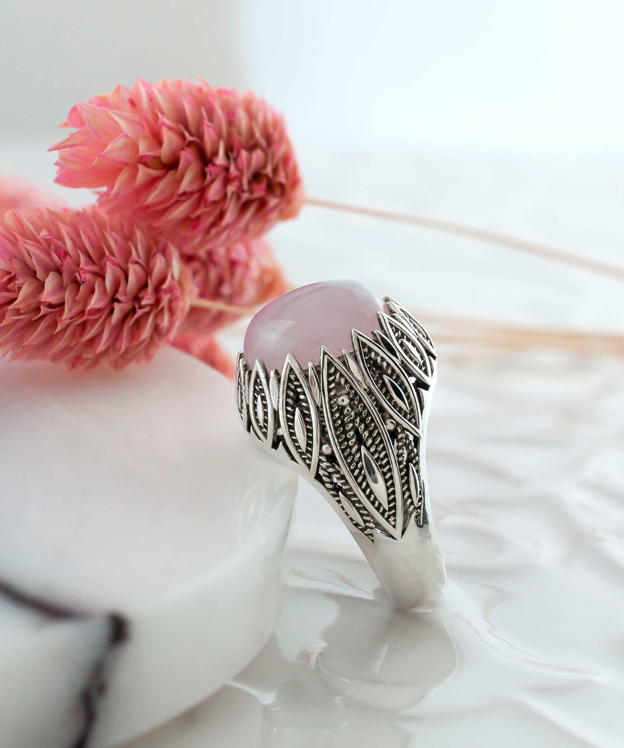 Elegant Filigree Art Rose Quartz Gemstone Women Silver Statement Ring featuring intricate leaf designs and a stunning pink gemstone.