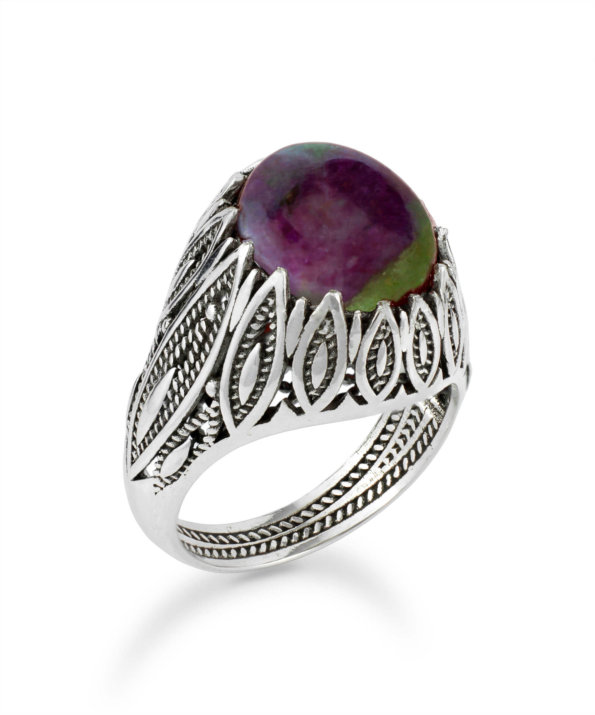 Elegant silver statement ring featuring a Ruby Zoisite gemstone with intricate filigree art design.