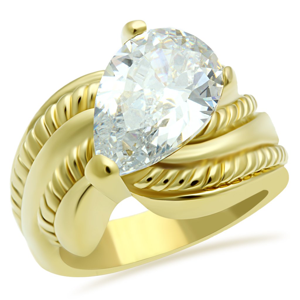 GL100 IP Gold Brass Ring featuring AAA Grade CZ stone in pear shape, showcasing elegance and craftsmanship.