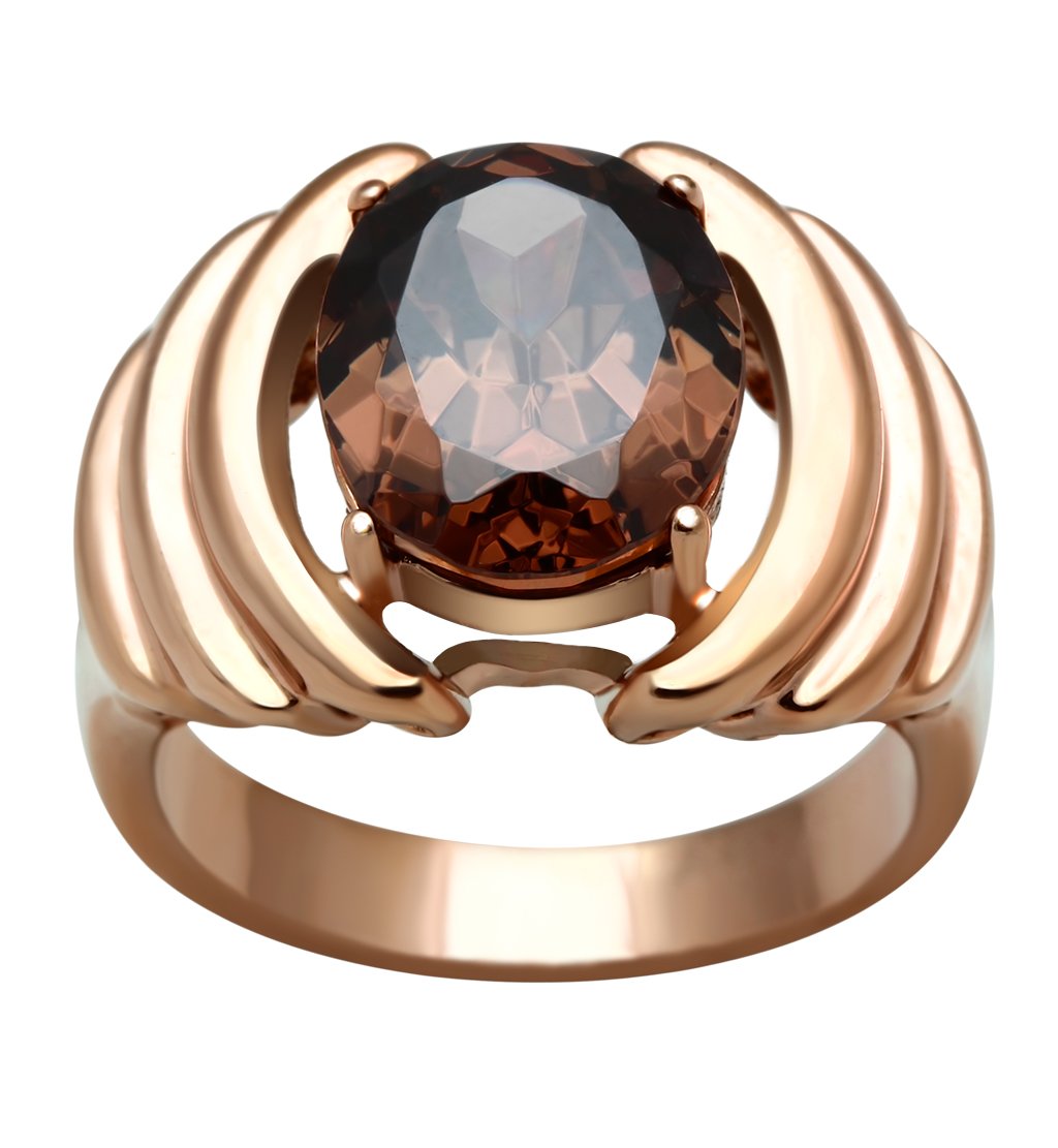 GL242 IP Rose Gold Brass Ring featuring AAA Grade CZ center stone in brown color, showcasing its elegant design and luxurious finish.