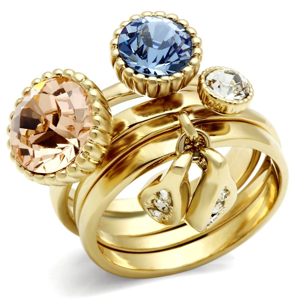 GL276 IP Gold Brass Ring featuring multi-color top grade crystals, elegantly designed for a luxurious look.