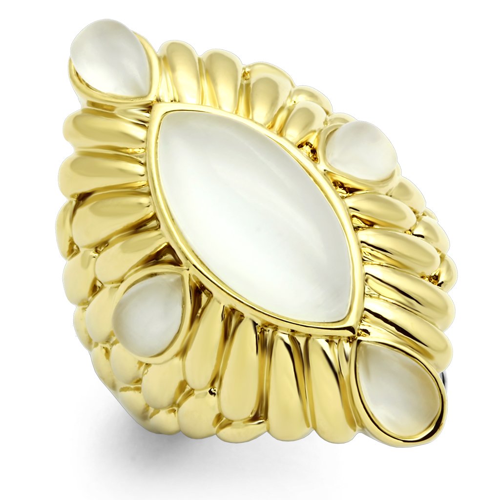 GL294 IP Gold Brass Ring featuring a white synthetic cat eye stone, elegantly designed with durable brass material.