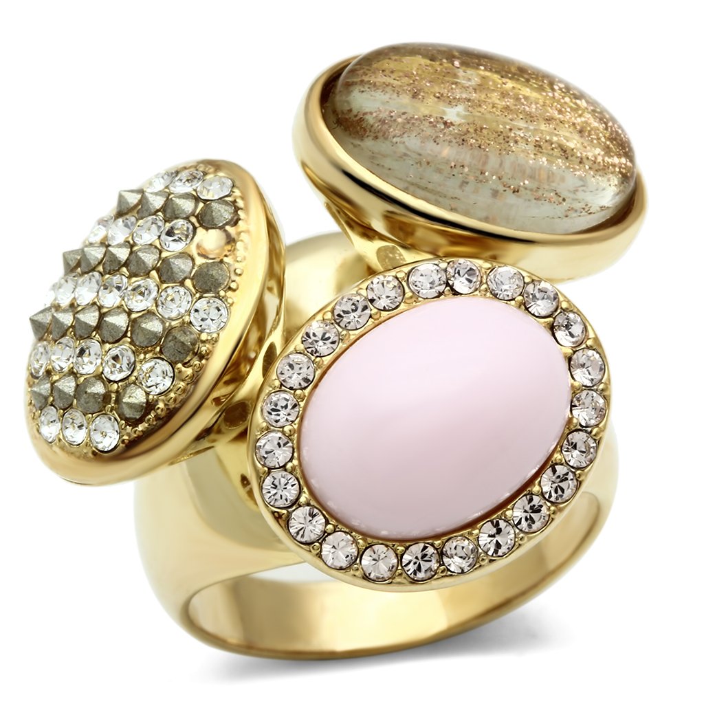 GL301 IP Gold Brass Ring featuring multi-color top-grade crystals, showcasing its elegant design and luxurious finish.
