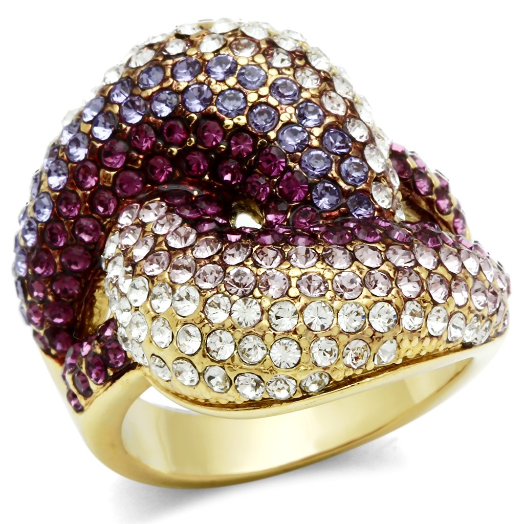 GL306 IP Gold Brass Ring featuring a multi-color top-grade crystal, showcasing its elegant design and luxurious finish.