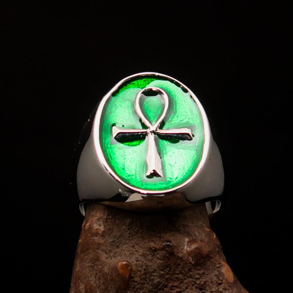 Green oval shaped Egyptian Ankh Cross Men's Ring made of high-polished sterling silver with enamel finish, showcasing intricate design.
