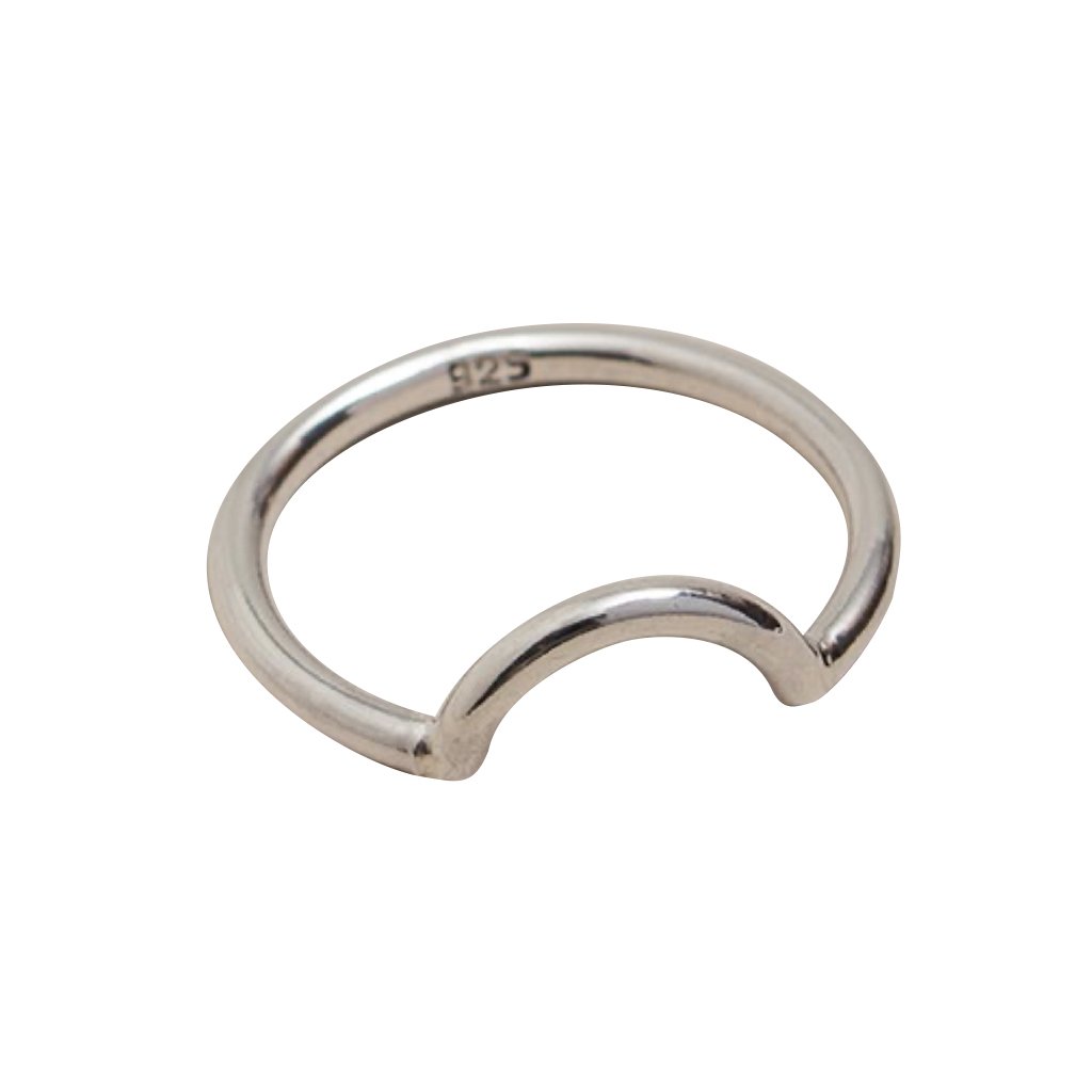 A stunning sterling silver Half Moon Ring, showcasing a minimalist design inspired by the night sky, perfect for stacking or wearing alone.