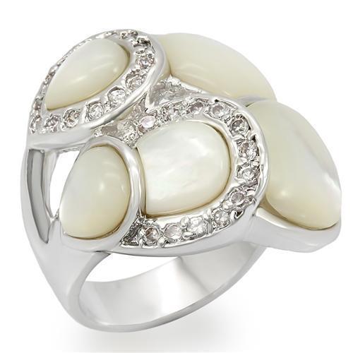 LO1044 Rhodium Brass Ring featuring a white conch precious stone, elegantly designed with a shiny finish.