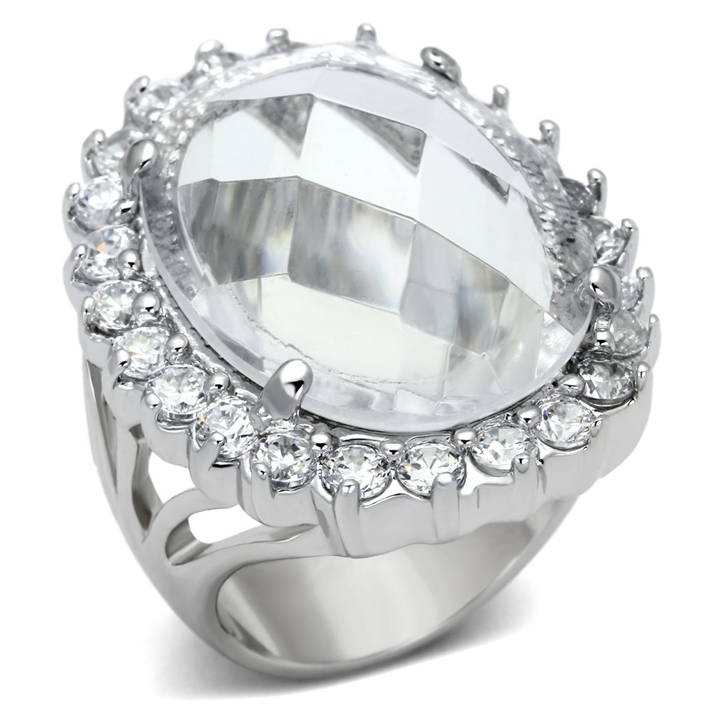 LOA836 Rhodium Brass Ring featuring a clear synthetic glass stone, showcasing its elegant design and shiny finish.