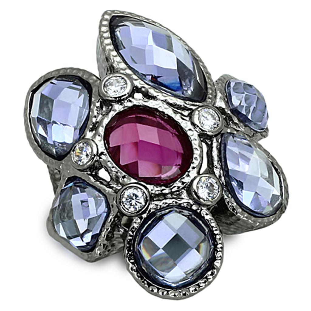 LOA876 Ruthenium Brass Ring featuring AAA Grade CZ stones in a multi-color design, showcasing its elegant craftsmanship.