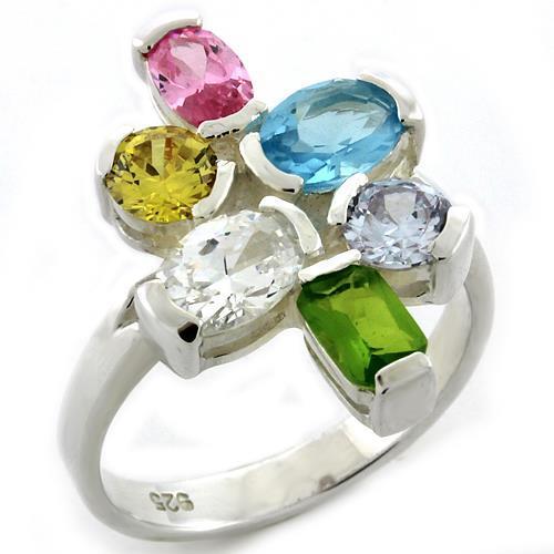 LOAS1075 High-Polished 925 Sterling Silver Ring featuring multi-color AAA Grade CZ stones, showcasing its elegant design.