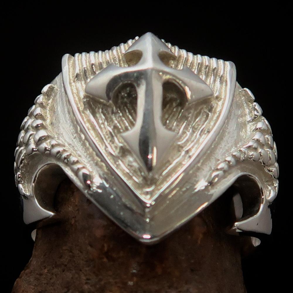Medieval Sterling Silver Men's Knight Ring featuring a Templar Cross design, polished finish, and hallmarked 925 for authenticity.