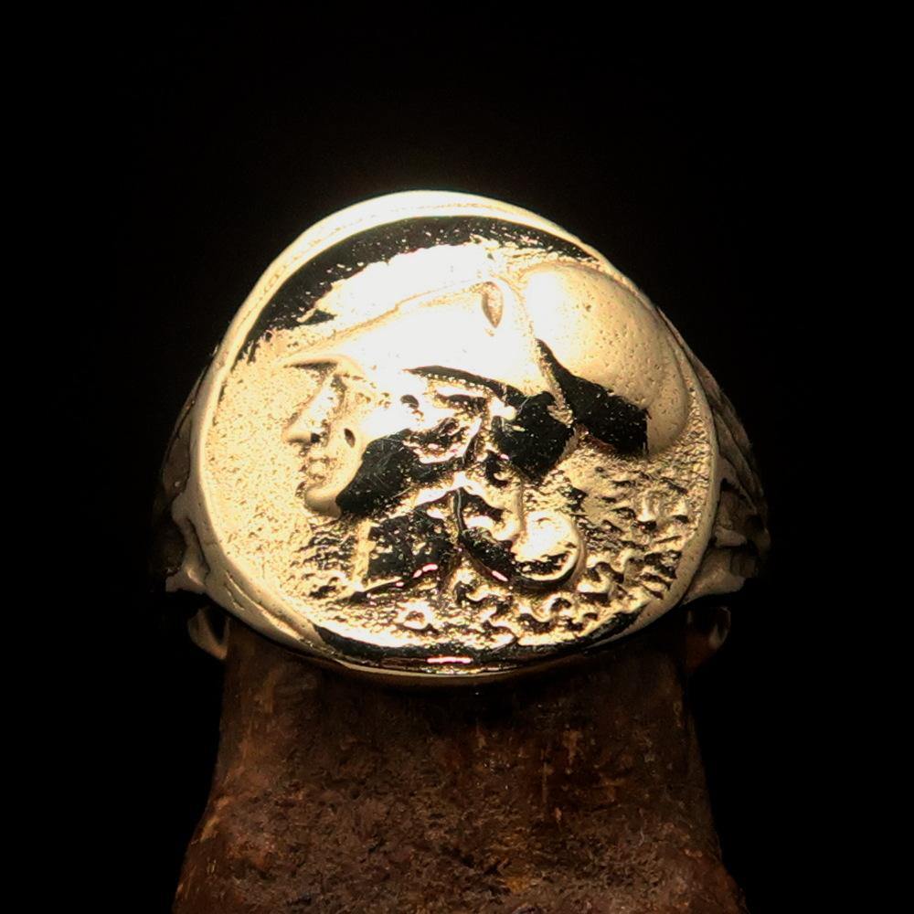 Men's ancient Corinthian ring made of solid brass featuring the Greek Goddess Athena design, polished to a high shine.