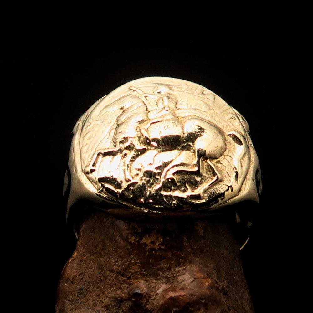 Men's ancient Greek Tetradrachm Horseman Ring featuring a high polished solid brass design with RCRN logo, inspired by Alexander the Great.