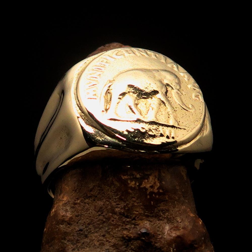 Men's ancient Roman coin elephant ring made of solid brass with a high polished finish and engraved RCRN logo.
