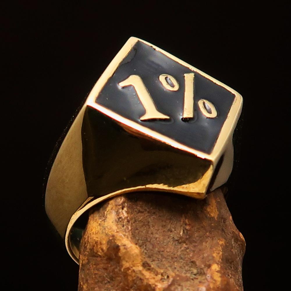 Men's Brass Biker Ring featuring a diamond-shaped 1% outlaw symbol with a polished black enamel finish.