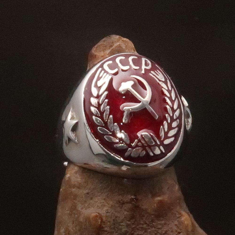 Men's Communist Ring featuring the Hammer and Sickle crest with red enamel accents, crafted from solid sterling silver.