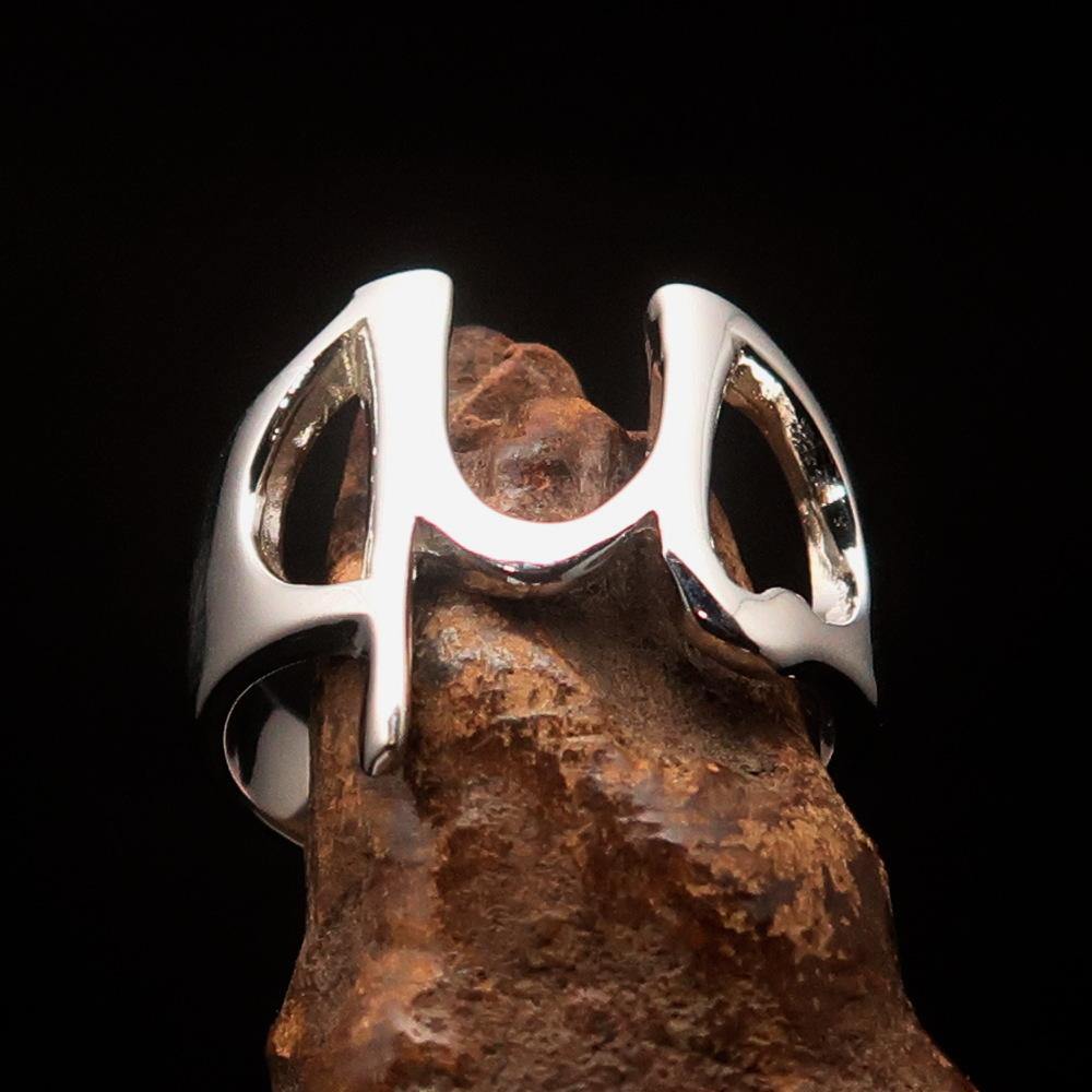 Men's sterling silver ring featuring Greek letter Mu, high polished finish, and hallmarked 925 for authenticity.