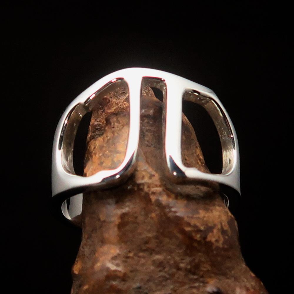 Men's sterling silver ring featuring the Greek letter Pi, high polished finish, showcasing its elegant design and quality craftsmanship.