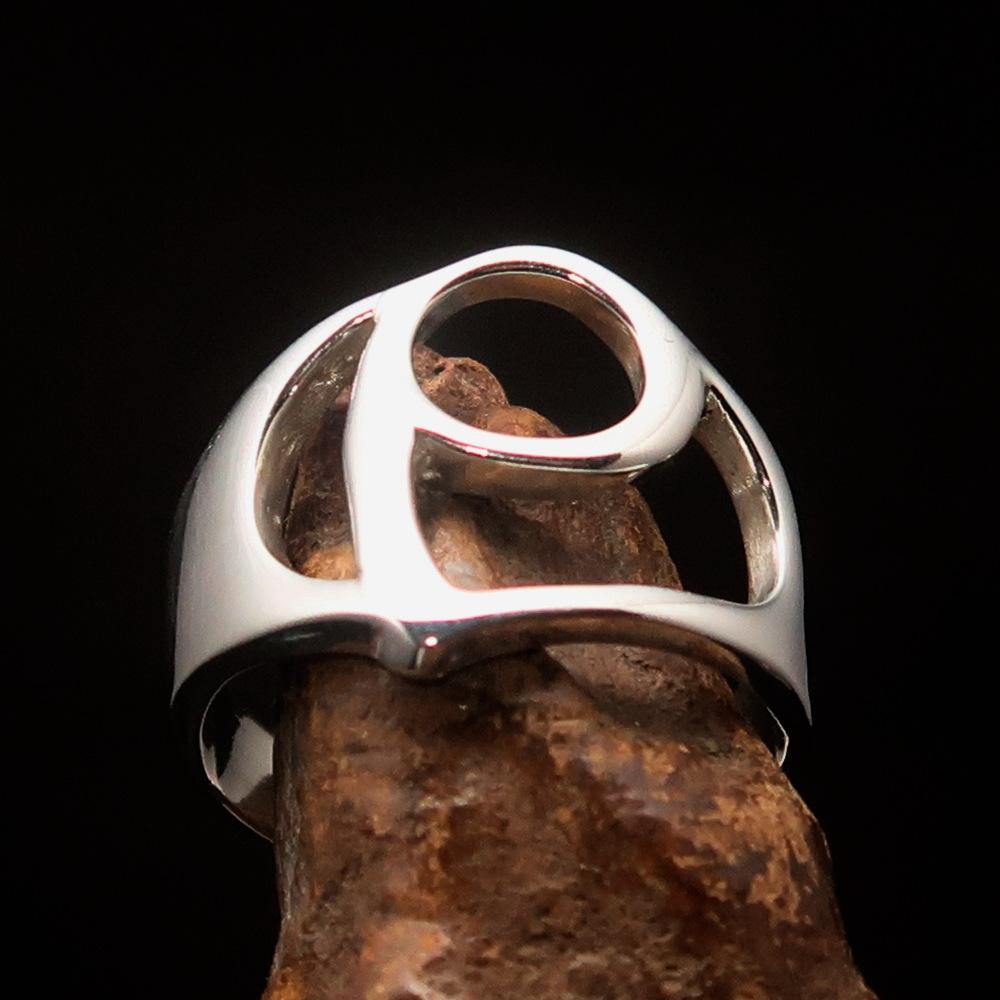 Men's sterling silver ring featuring the Greek letter Rho, polished finish, available in multiple sizes.