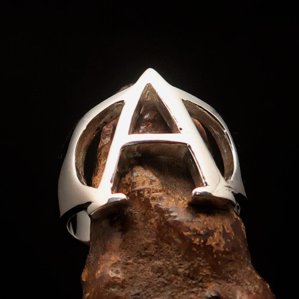 Men's Greek Initial Ring Alpha in high polished sterling silver, showcasing the capital letter design.