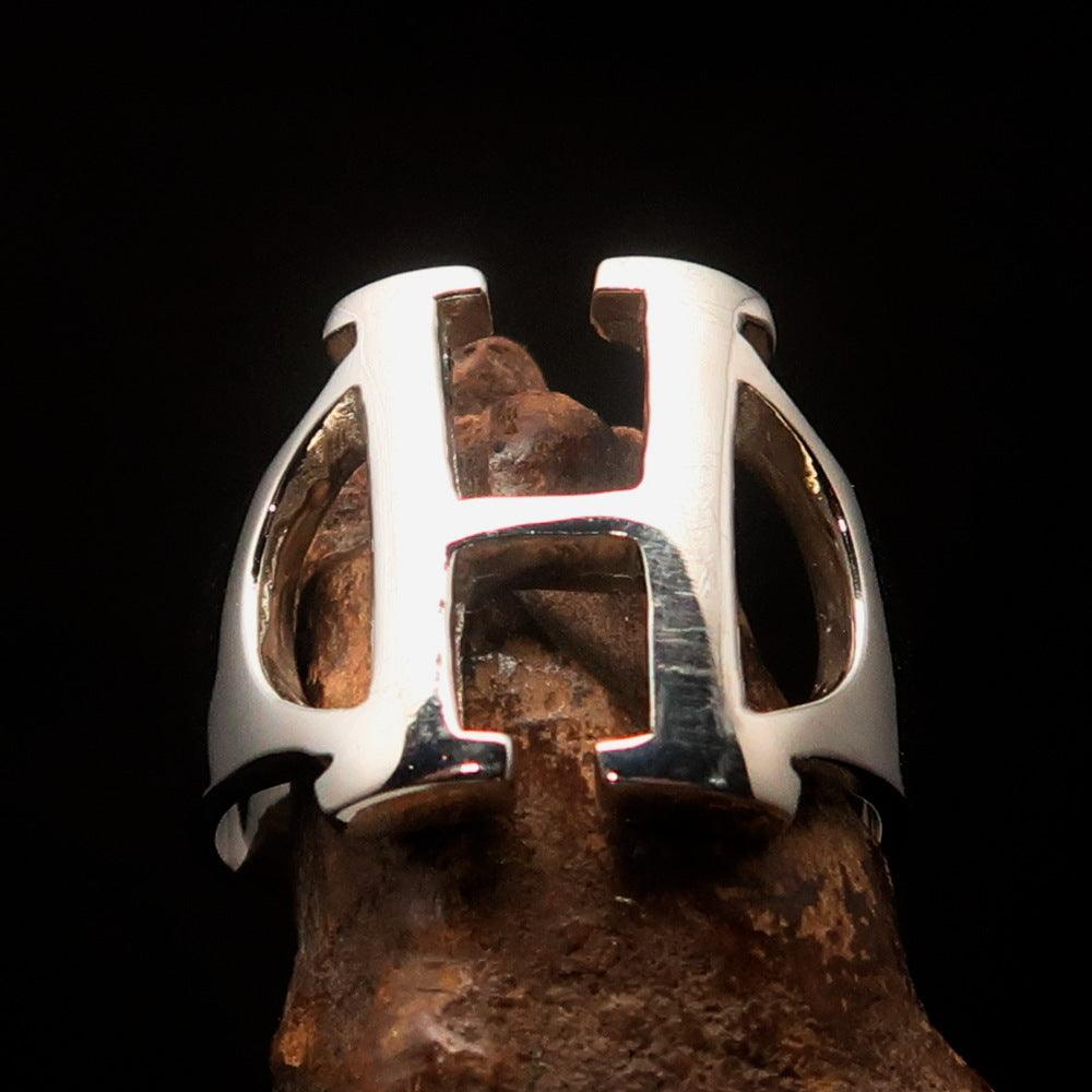 Men's Greek Initial Ring Eta in high polished sterling silver, showcasing the Greek letter Eta design.