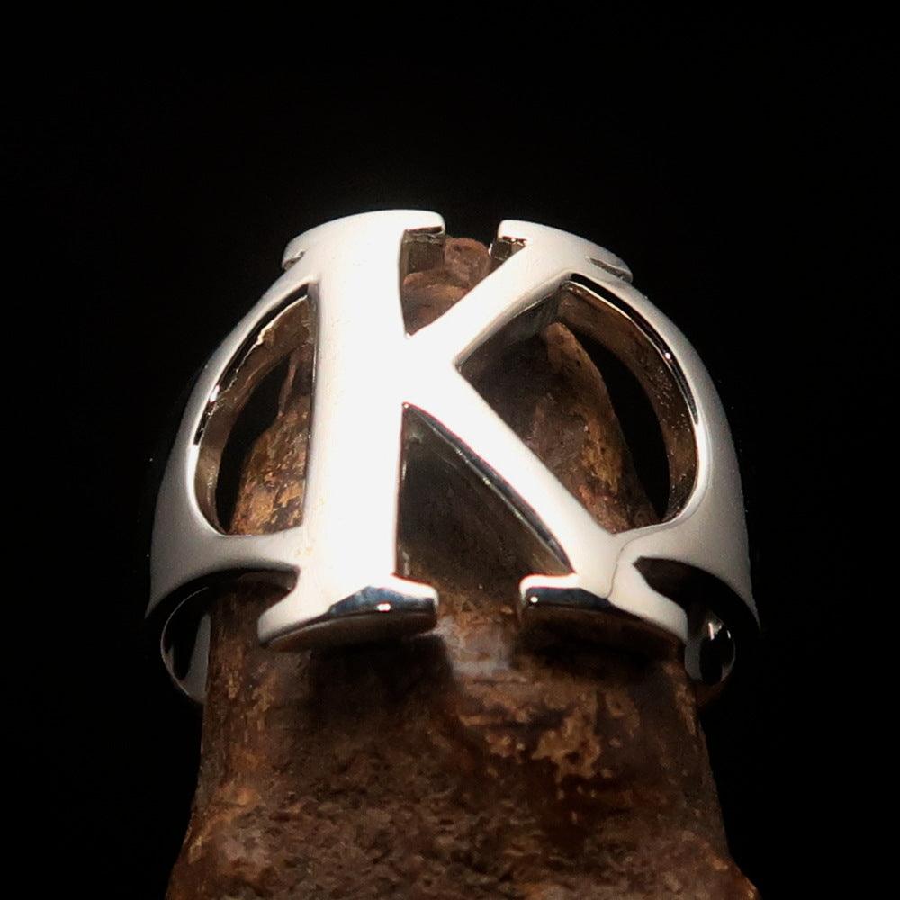 Men's Greek Initial Ring Kappa in solid sterling silver, showcasing a high-polished finish and the Greek letter Kappa.