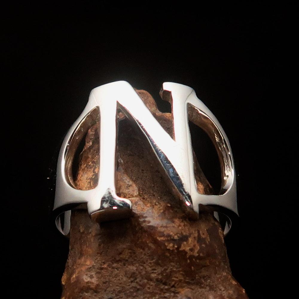 Men's Greek Initial Ring Nu in high polished sterling silver, showcasing the Greek letter Nu with a hallmarked 925.