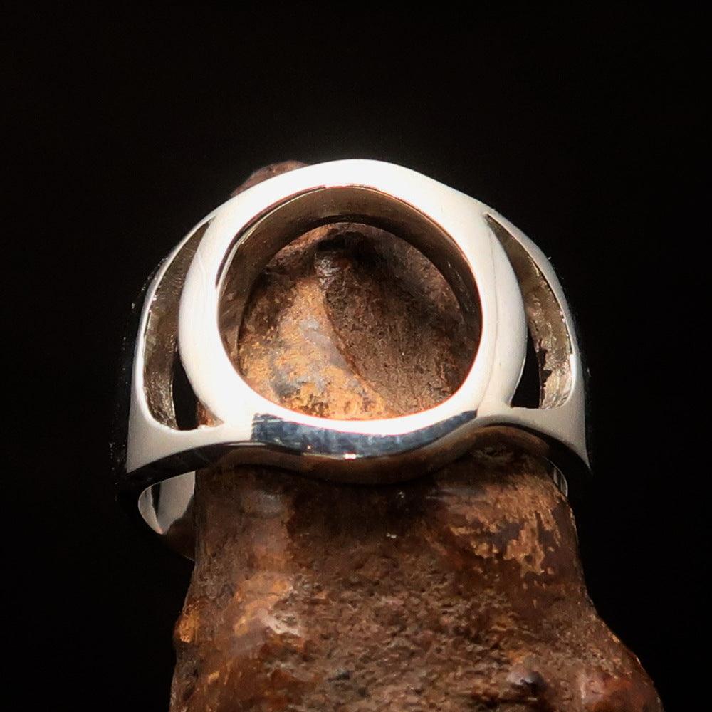 Men's sterling silver ring featuring the Greek capital letter Omicron, high polished with a 925 hallmark.