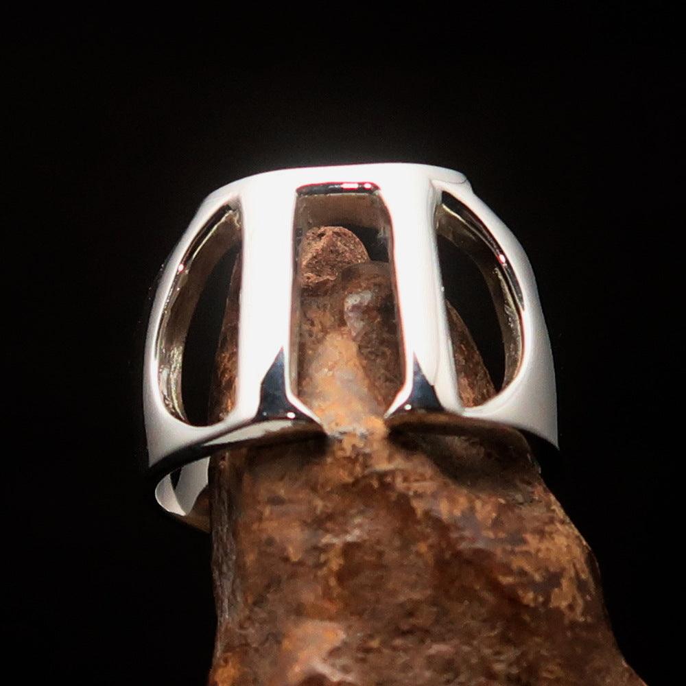 Men's Greek sterling silver ring featuring capital letter Pi, high polished finish, and hallmarked 925.