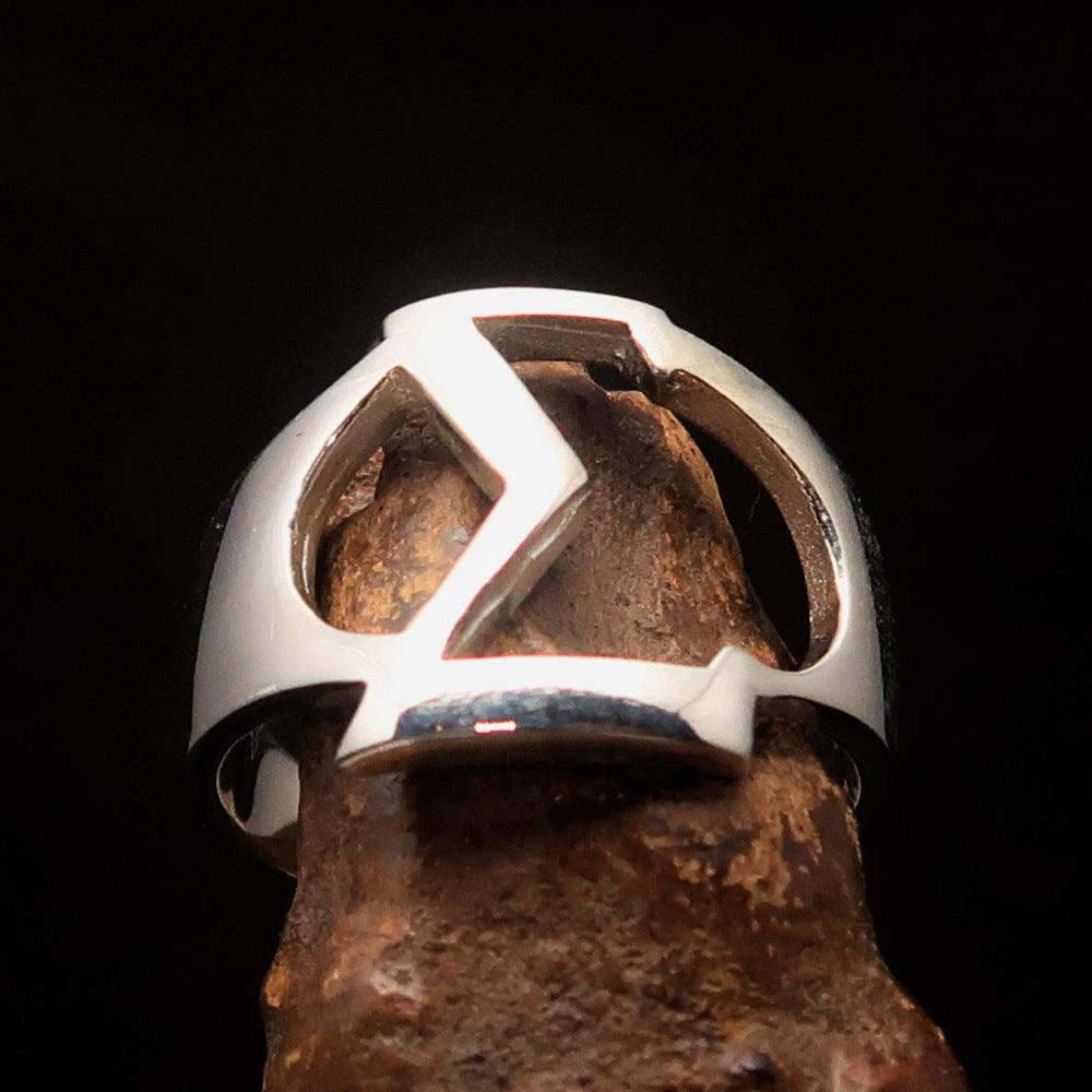 Men's sterling silver Greek initial ring featuring a high-polished Sigma letter design, showcasing its elegant craftsmanship.