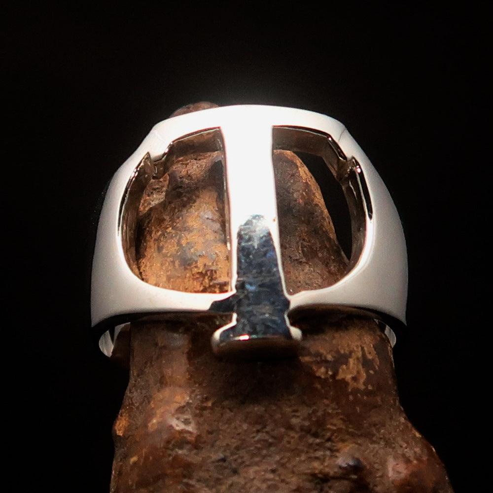 Men's Greek Capital Letter Tau Ring in high polished sterling silver, showcasing its elegant design and hallmark 925.