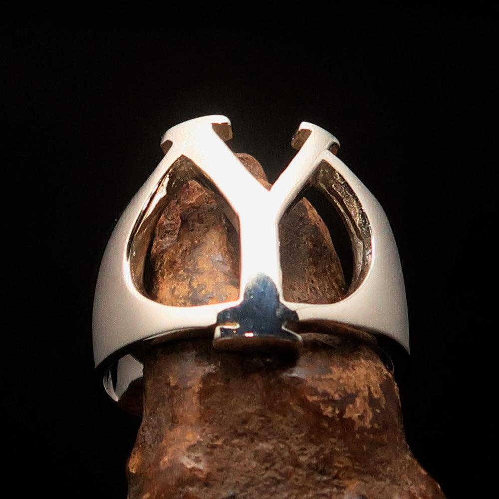 Men's sterling silver ring featuring Greek letter Upsilon, high polished finish, and hallmarked 925 for authenticity.