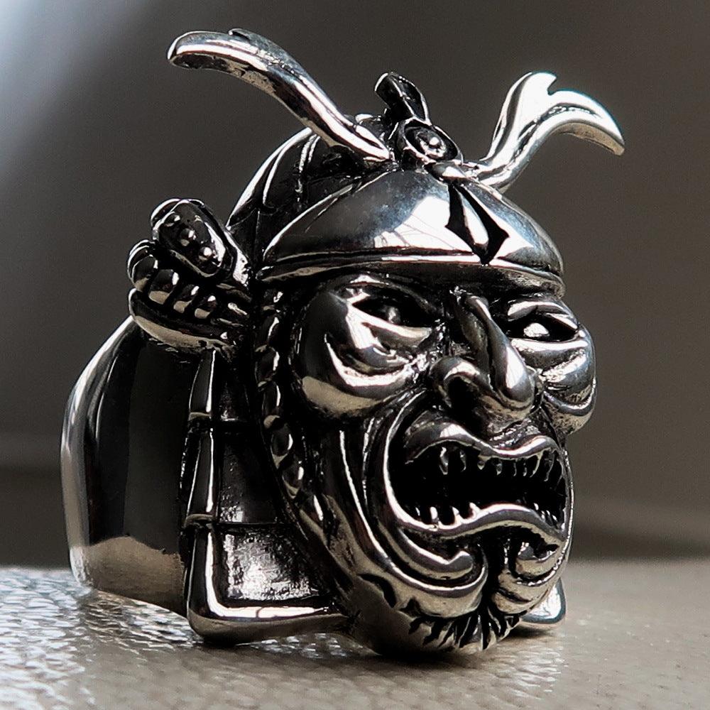 Men's Japanese Warrior Ring featuring a detailed Samurai Mempo Kabuto Mask, crafted from solid sterling silver with an antiqued and polished finish.