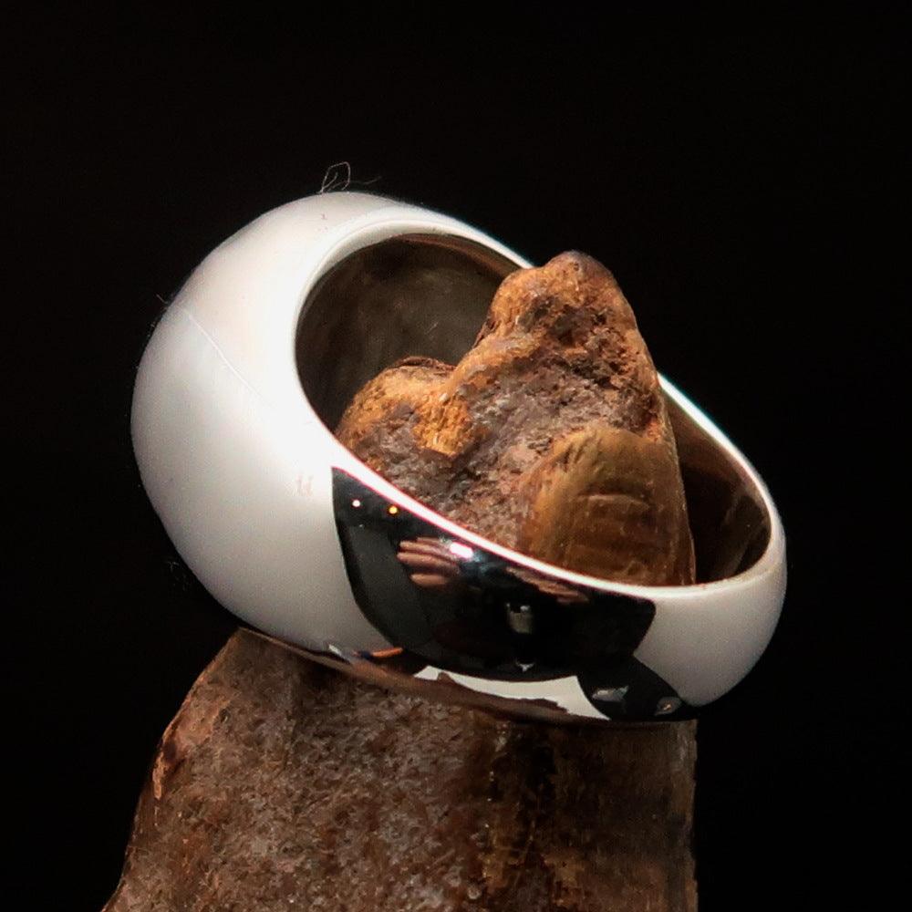 Men's sterling silver ring featuring a cannabis leaf symbol with red enamel, hallmarked 925, showcasing intricate design.