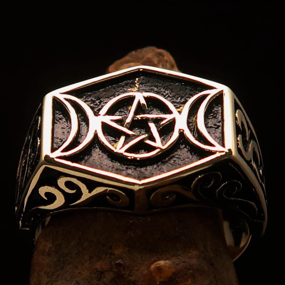 Men's Solid Brass Ring featuring an antiqued Crescent Moon and Pentagram Star design, showcasing intricate details and a polished finish.