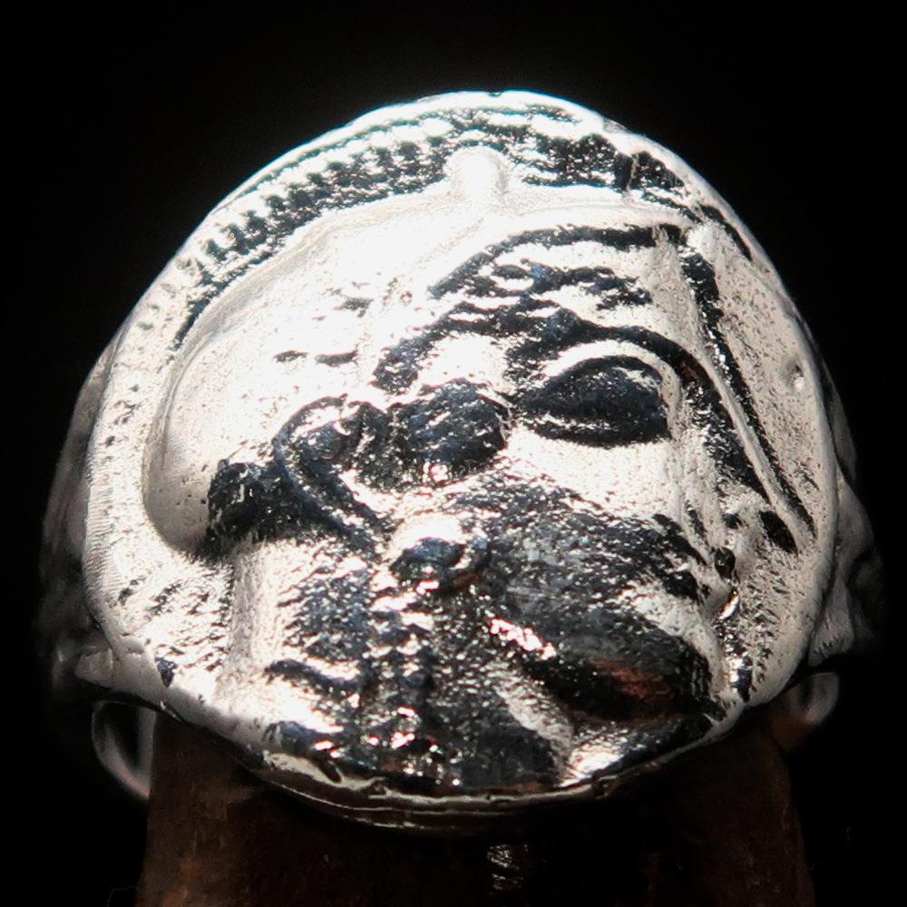 Men's sterling silver ring featuring an ancient Greek Drachma coin design, polished finish, and RCRN logo engraving.