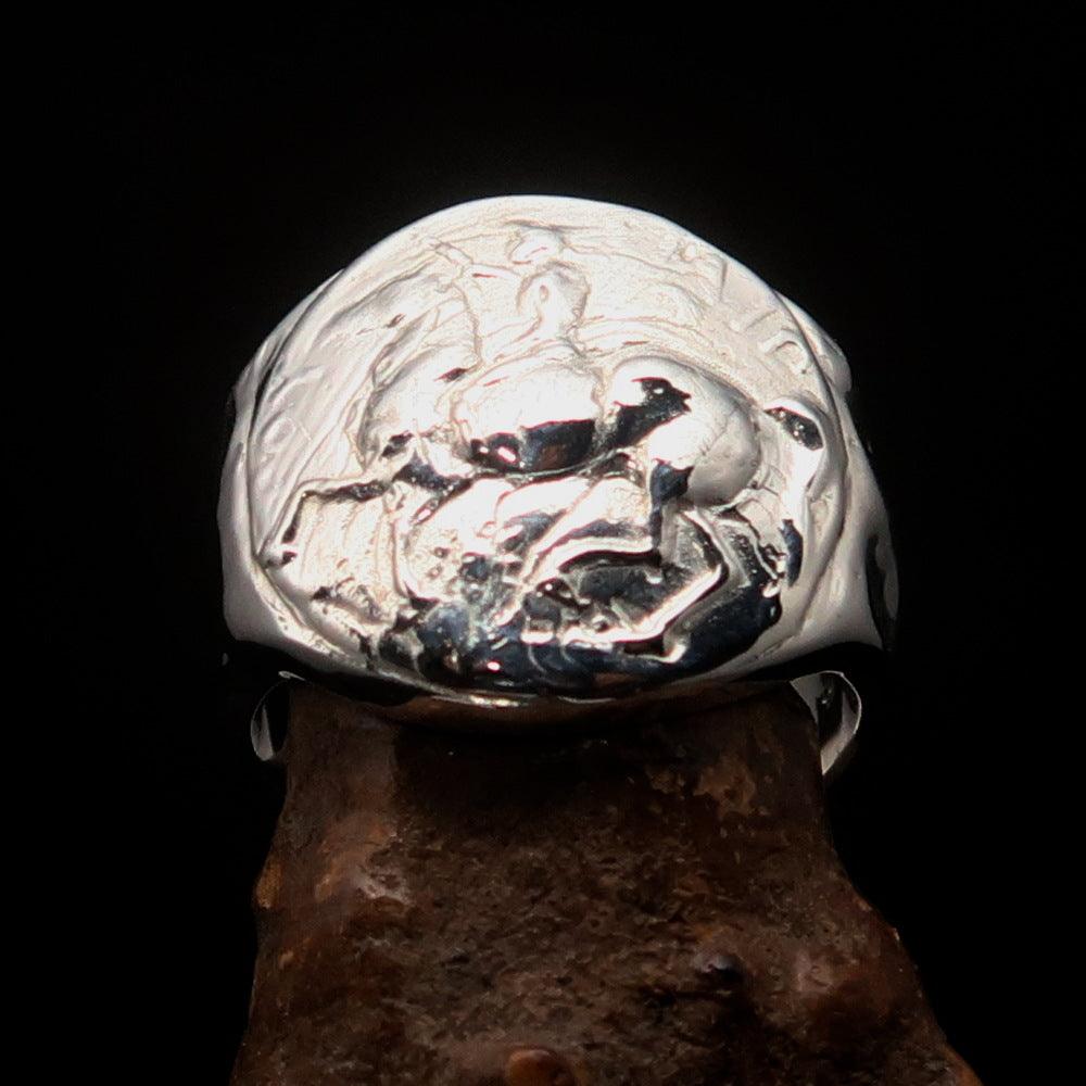 Men's sterling silver ring featuring an ancient Greek tetradrachm horseman design, polished to a high shine.