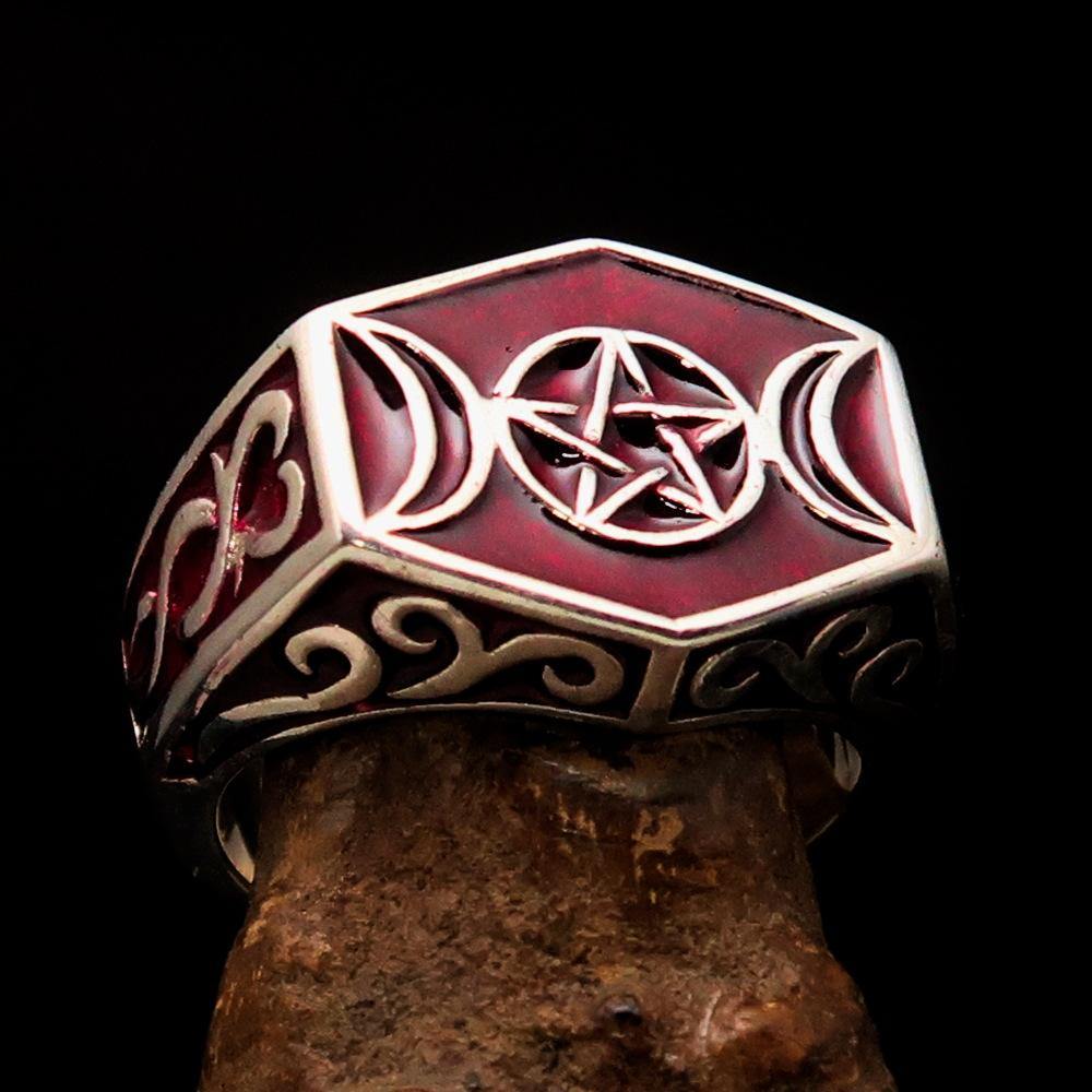 Men's sterling silver ring with red crescent moon and pentagram star design, polished finish, and hallmarked 925.