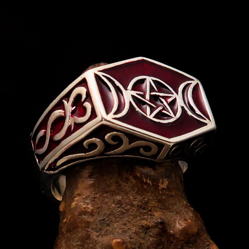Men's sterling silver ring with red crescent moon and pentagram star design, polished finish, and hallmarked 925.