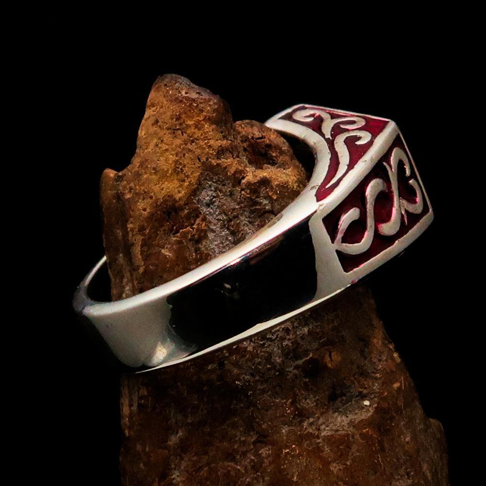 Men's sterling silver ring with red crescent moon and pentagram star design, polished finish, and hallmarked 925.