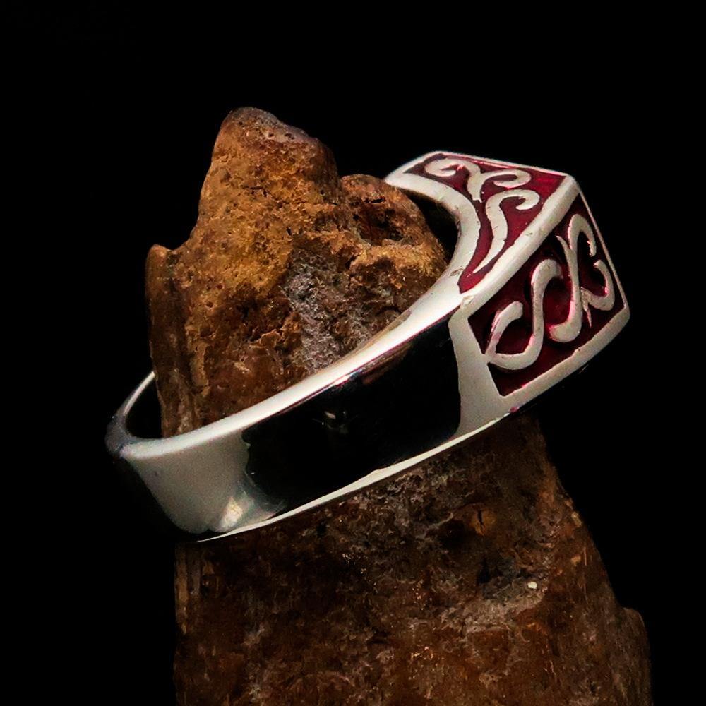 Men's sterling silver ring with red crescent moon and pentagram star design, polished finish, and hallmarked 925.
