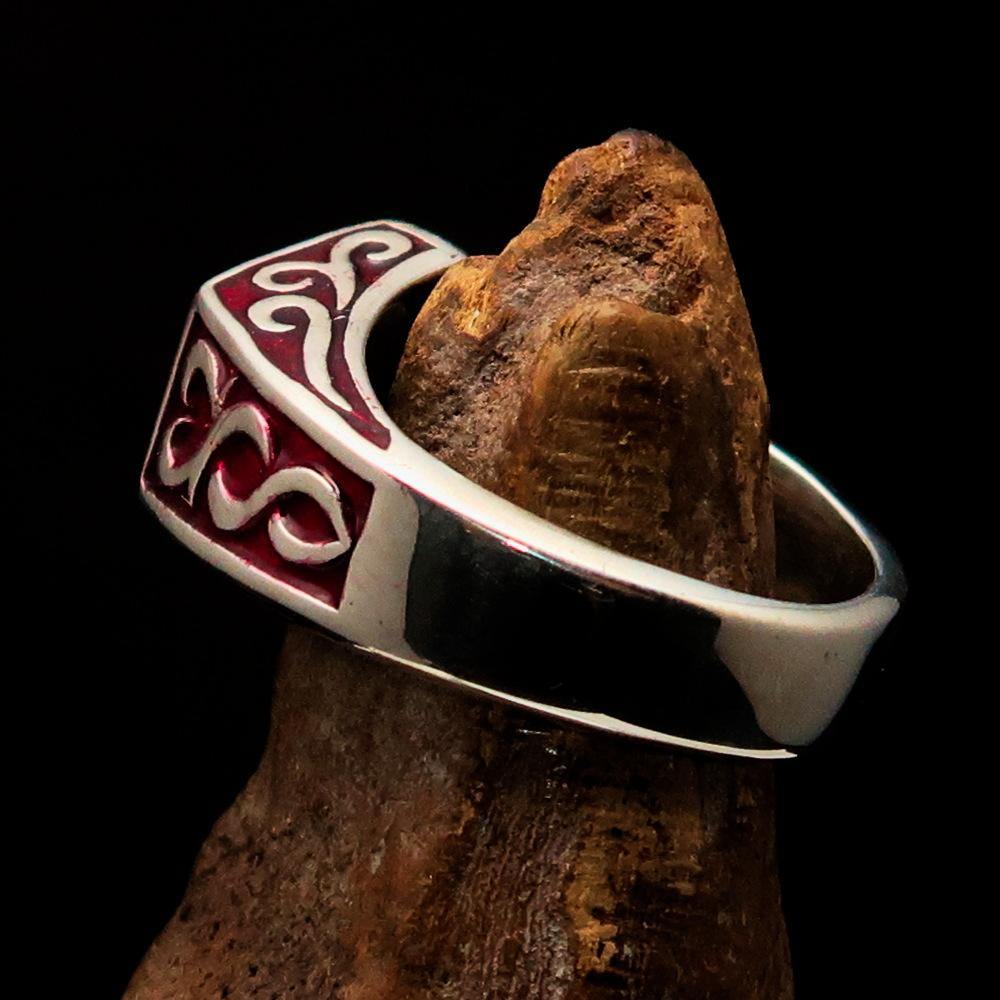 Men's sterling silver ring with red crescent moon and pentagram star design, polished finish, and hallmarked 925.