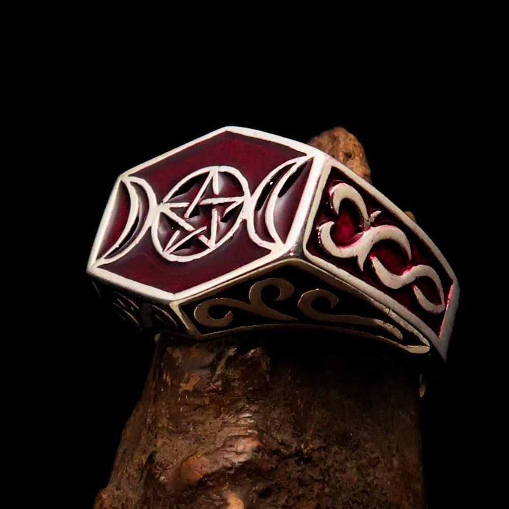 Men's sterling silver ring with red crescent moon and pentagram star design, polished finish, and hallmarked 925.