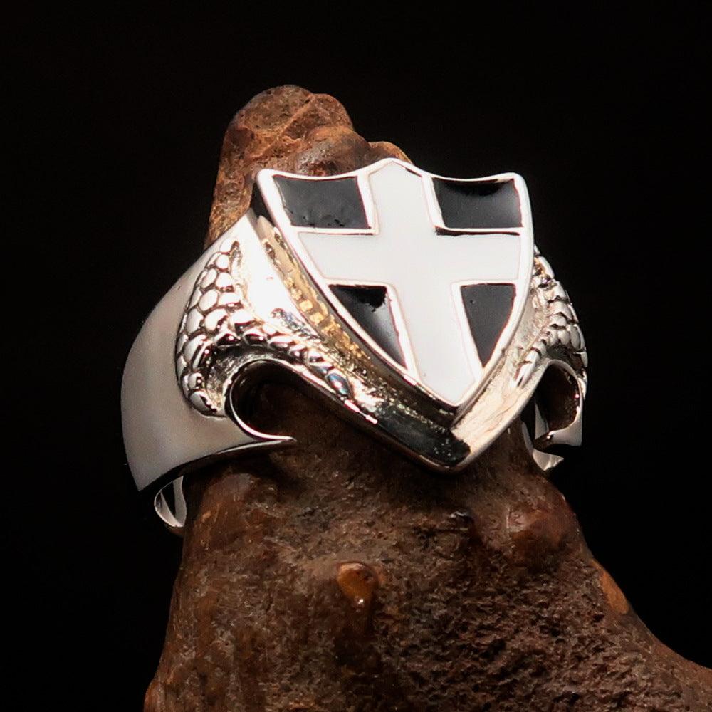 Men's sterling silver shield ring featuring the Flag of Cornwall with a white cross design, polished finish, and black enamel accents.