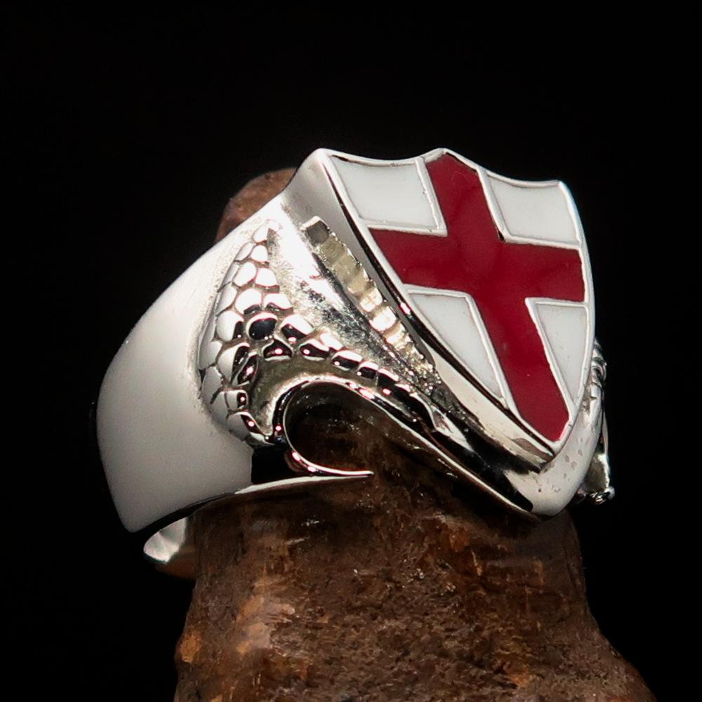Men's sterling silver shield ring featuring the Flag of England with a red cross on white enamel, showcasing its high polished finish.