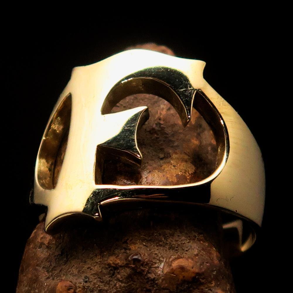 Mirror polished men's brass initial ring featuring a bold letter F, showcasing a high shine finish and elegant design.