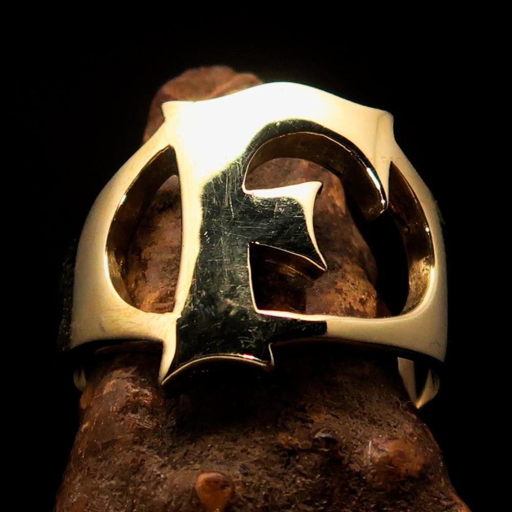 Mirror polished men's brass initial ring featuring a bold letter F, showcasing a high shine finish and elegant design.