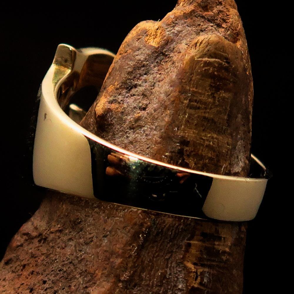 Mirror polished men's brass initial ring featuring a bold letter F, showcasing a high shine finish and elegant design.