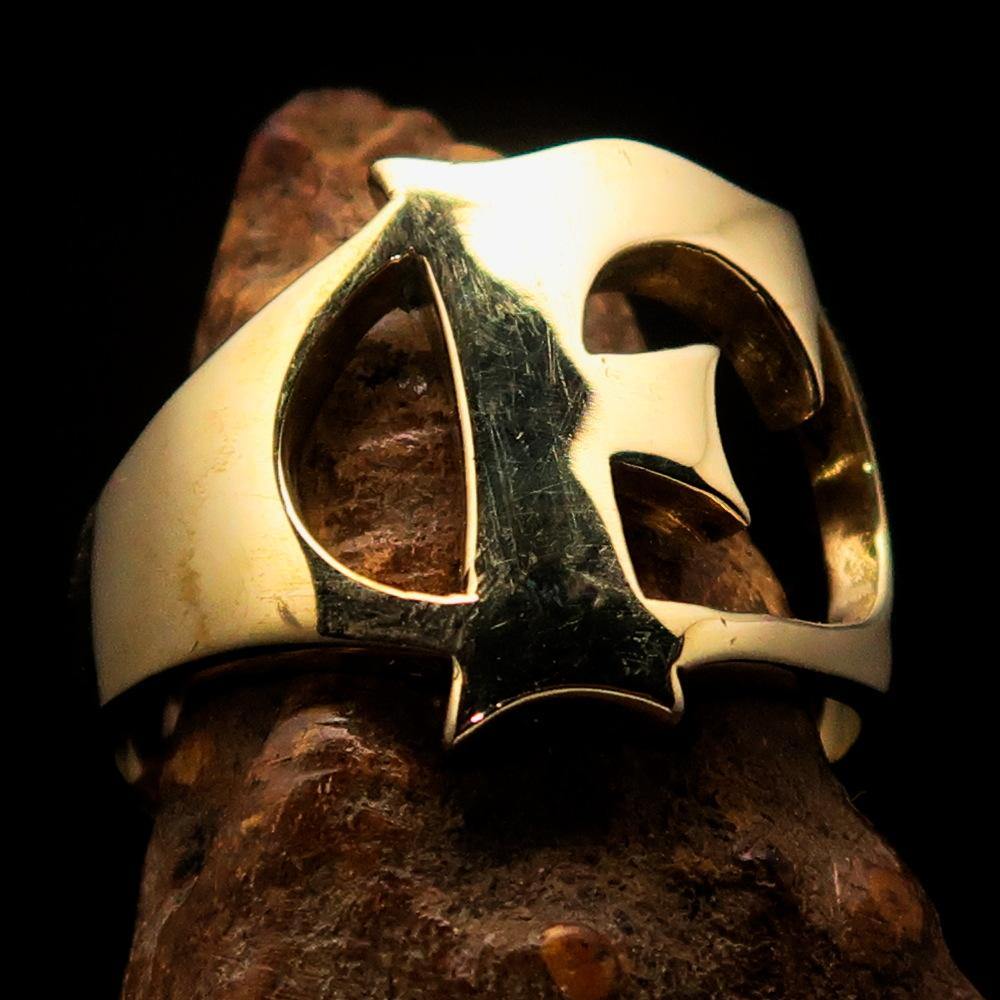 Mirror polished men's brass initial ring featuring a bold letter F, showcasing a high shine finish and elegant design.